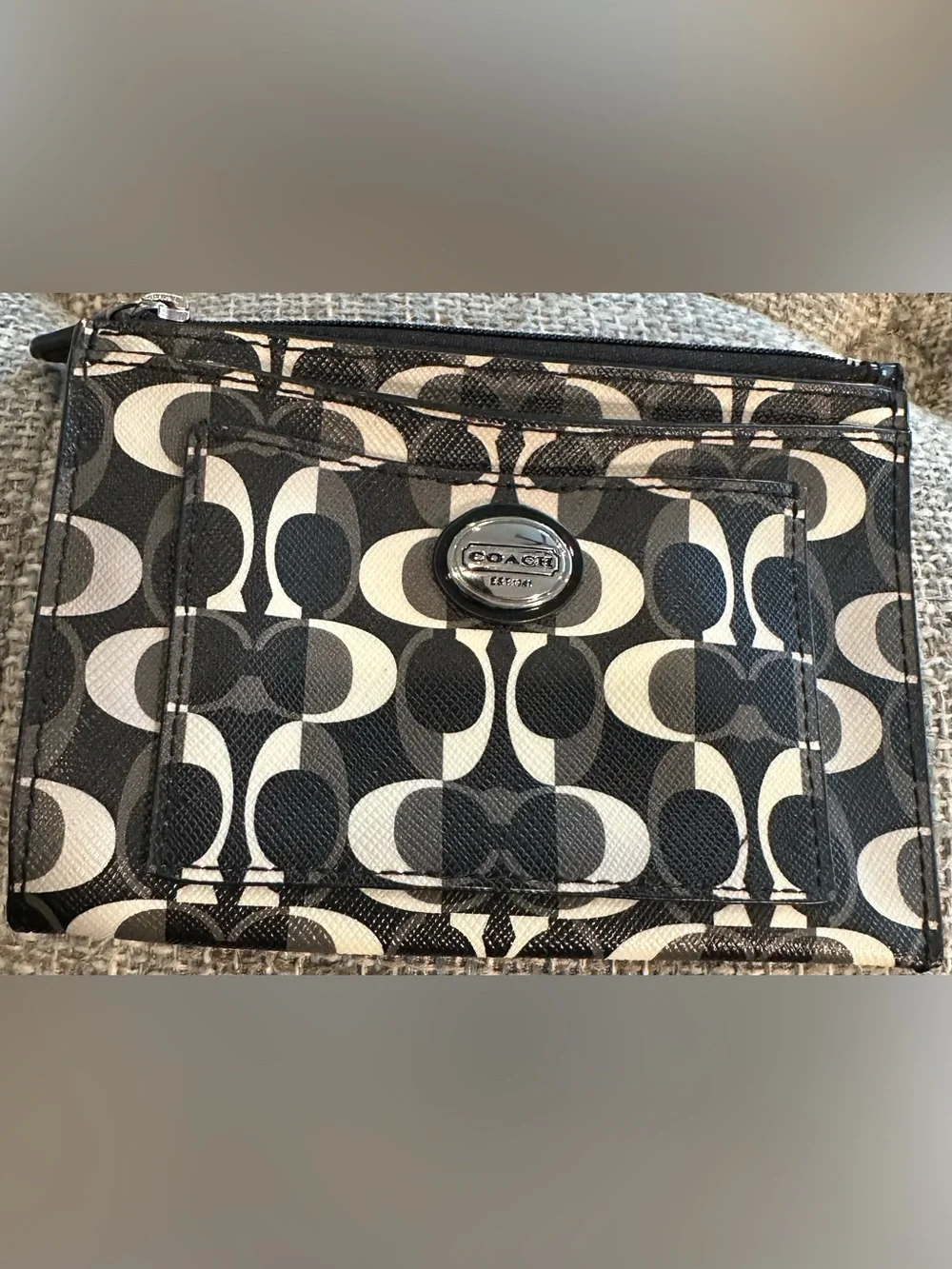 Coach Op Art Signature Zip Card Case Mini Skinny ID Wallet Black Gray White EUC